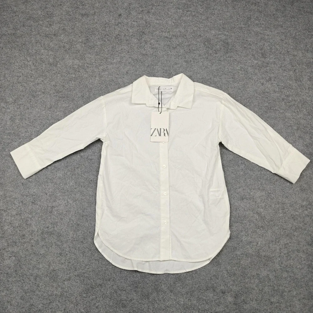 ZARA Shirt Kids 6 White 100% Cotton Long Sleeve Button Front Collared Dress Top